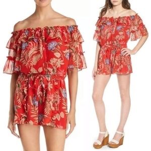Wayf Off-Shoulder Tie-Waist Bohemian Romper Red Floral Print, NWT - Large